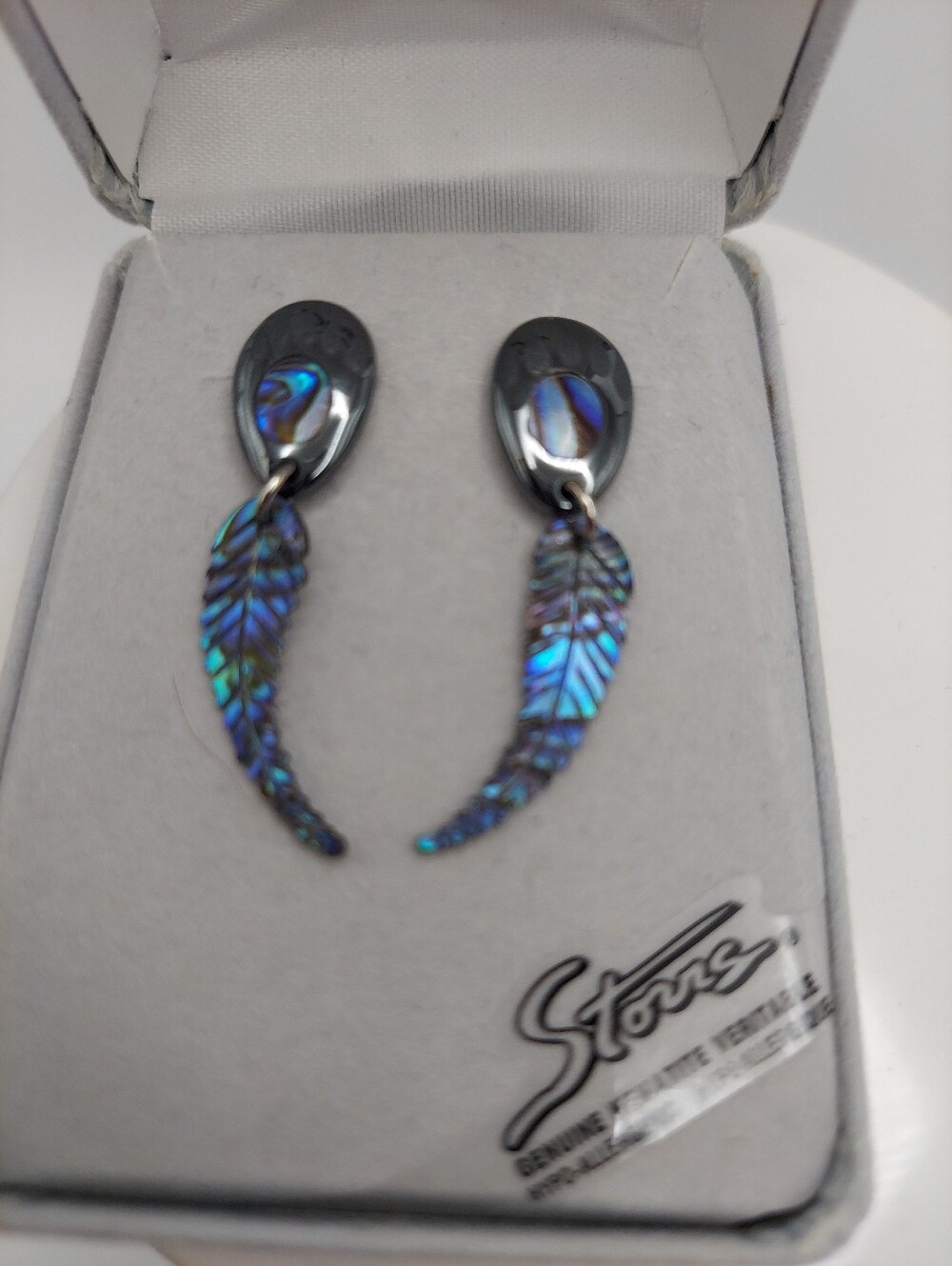 Storrs Bear Paw Hematit & Abalone Inlay Vtg Dangle  Earrings 1.5", VGC.